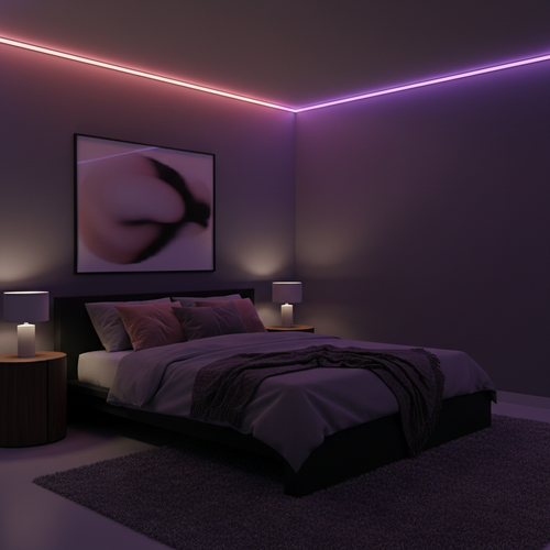 Aura Strip LED ceiling lighting in a dark moody bedroom